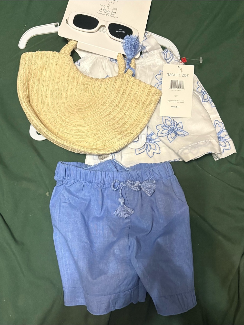 Rachel Zoe White Top with Blue Floral Accent and Natural Straw Bag